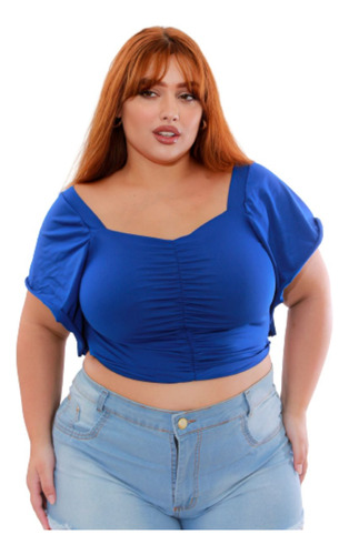 Cropped Feminino Franzida Babado Manga Soltinha Plus Size 