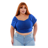 Cropped Feminino Franzida Babado Manga Soltinha Plus Size 