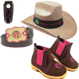 Kit Infantil Feminino Botina Rosa + Chapeu + Bainha + Cinto