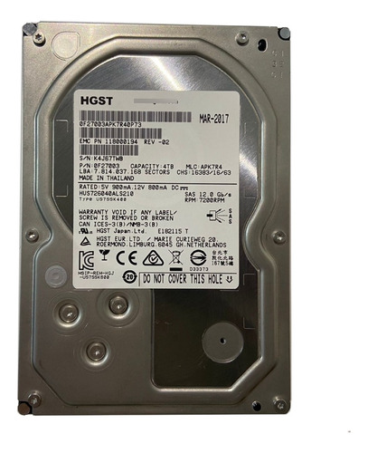 Hd Hgst Emc 4tb 7.2k 12gbp/s 3.5 Sas Pn 118000194 Hus726040als210 @