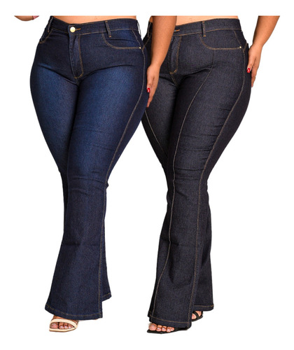 Kit 2 Calça Jeans Flare Plus Size Cintura Alta C/lycra