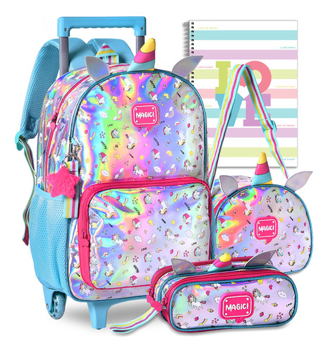 Kit Mochila Escolar Infantil Unicórnio Feminina De Rodinhas