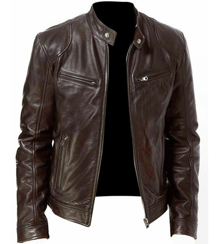 Jaqueta Punk Biker Masculina De Couro Com Gola Alta