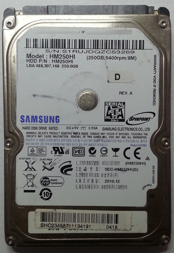 Disco Samsung Hm250hi 250gb Sata 2.5 - 1779 Recuperodatos