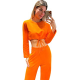 Conjunto Feminino Moletom Blusa Cropped Calça Pantalona