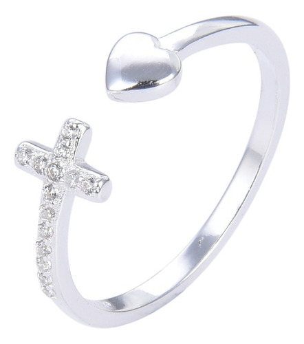 Anillo Plata 925 Con Cruz Y Corazon Ajustable