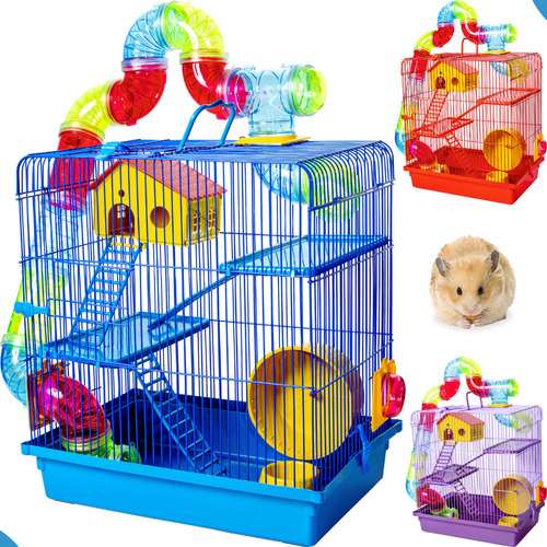 Gaiola Hamster Casa Grande Completa 3 Andares Tubo Luxo Azul