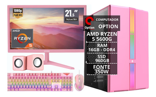 Pc Gamer Rosa Completo Ryzen 5 5600g Vega 7 Ssd 1tb 16gb