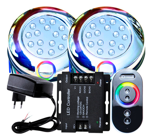 Kit 02 Refletor Piscina Led 15w Rgb + 01 Touch + 01 Fonte Pt