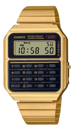 Reloj Casio Vintage Casio Ca-500weg-1bv Calculadora Alarma Correa Dorado Bisel Dorado Fondo Negro