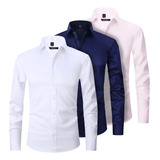 Kit Com 3 Camisas Social Básica Branca Rosa E Azul Marinho