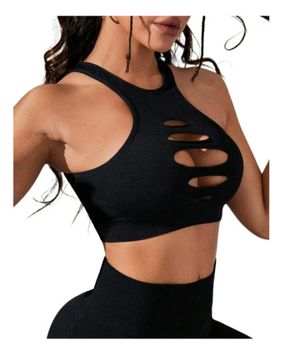 Crop Top Deportivo Espalda Descubierta Escotado - Negro