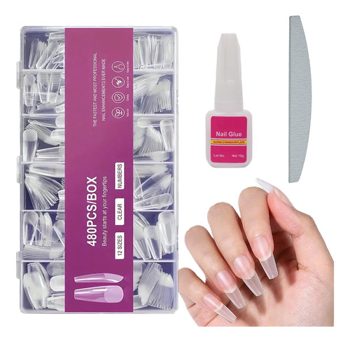 Unhas Postiças Transparente Realista 480 Pcs + Cola + Lixa