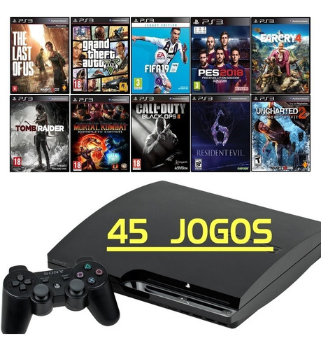 Ps3 Slim + Fifa 19 + Pes 2018 + Gta5 + Total 45 Jogos