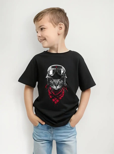 Playera Para Niño Gato Motociclista Biker Moto Punch