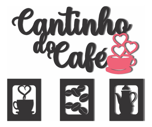 Placa Cantinho Do Café Mdf Kit 4 Peças Preto E Rosa