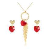 Collares Mujer Aretes Corazon Swarovski Rojo Cadena Oro Gf