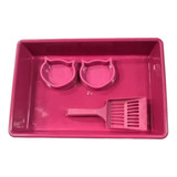 Caixa Areia Banheiro + Potes + Pá Higiênica Pet Gato Rosa