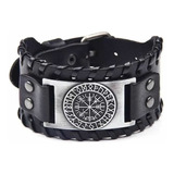 Bracelete Nórdico Bússola Runas Couro Viking Larga Casual