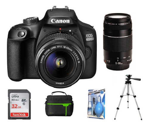 Camara Canon Eos 4000d-t100+18-55+75-300+32gb+bolso+kit+trip
