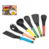 Utensilios De Cocina Juego 6 Pzs Colores Cucharon Volteador Color Negro