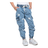 Pantalon Jogger/cargo Jean Niño Con Tira Y Cordón