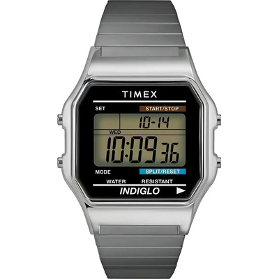 Reloj pulsera digital Timex T78587 con correa de acero inoxidable color plateado - fondo verde | Meses sin interés
