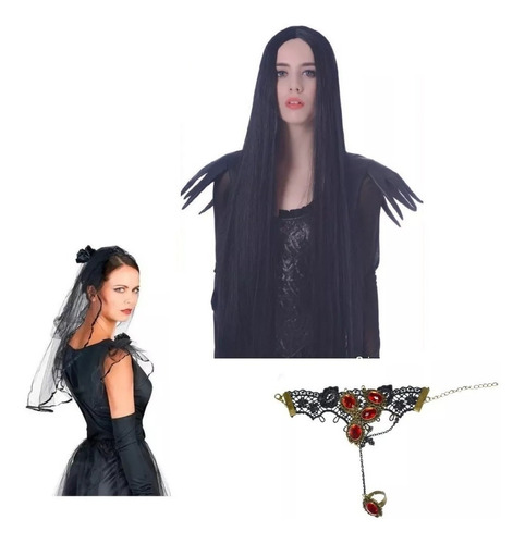 Combo Disfraz Morticia Locos Adams Velo Peluca Negra Pulsera