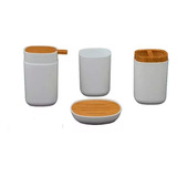 Set Baño Organizador Accesorio Bambu Dispenser Jabon Vaso X4