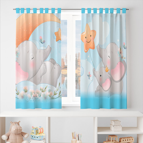 Cortina Infantil Decoração Elefantinho Azul Tecido 2,80x1,40