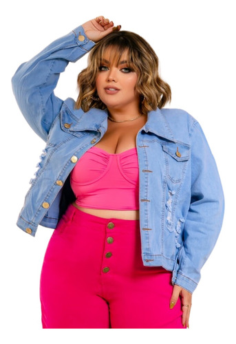 Jaqueta Feminina Plus Size Com Lycra Jeans Botões Elastano