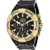 Reloj De Pulsera Invicta Bolt 29032 Con Cuerpo De Acero, Analógico, Para Hombre, Fondo Negro, Con Correa De Silicona Negra, Bisel Dorado Y Doble Hebilla