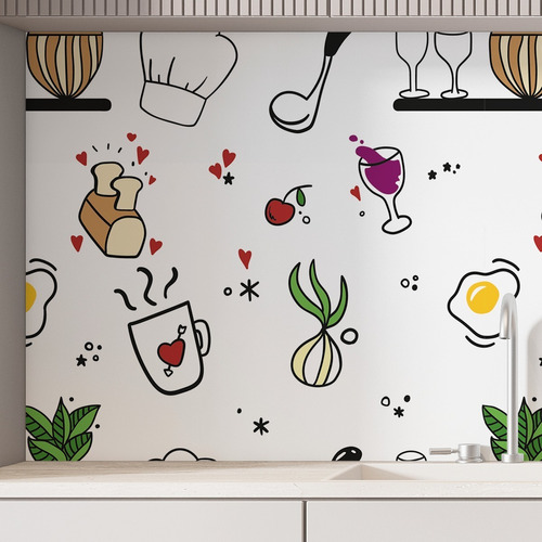 Papel De Parede Adesivo Padrão Desenho Café Da Manhã M²