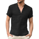 Camisa Cuello Algodón Y Lino Hombre Casual Manga Corto Slim