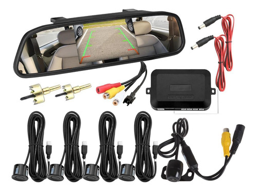 Espejo Retrovisor Kit Camara Sensor Estacionamiento Pantalla Color Negro