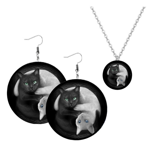 Aretes Pendientes + Cadena Gatos, Yin Yang 