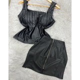 Conjunto Couro Fake Cropped Com Bojo Listrado + Saia Zíper 