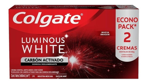 Crema Dental Colgate Luminous White Carbón Activado 2pz 66ml