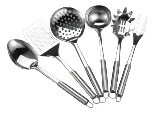 Set X 6 Utensilios Cocina Acero Cucharon Espumadera Espatula