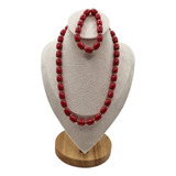 Conjunto Collar Pulsera Coral Rojo / Piedras Naturales