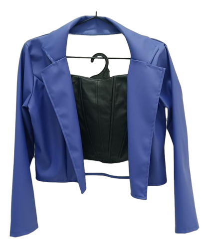 Blazer De Eco Cuero Corto De Dama Azul