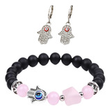 Set Pulsera Y Aretes Fatima Ojo Turco Cuarzos Piramide Reiki Color Cuarzo Rosa Largo 18 Cm