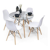 Comedor Mesa Eames Vidrio 80cm + 4 Sillas Eames Blancas