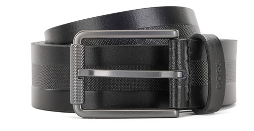 Cinturón De Piel Italiana Con Raya Estructurada Color Negro Diseño De La Tela Liso Talla 85