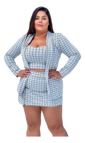 Conjunto Feminino Plus Size Blazer Cropeed Short Saia Lindo