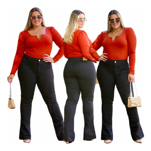 Calça Flare Jeans Preta Plus Size Super Elegante Social