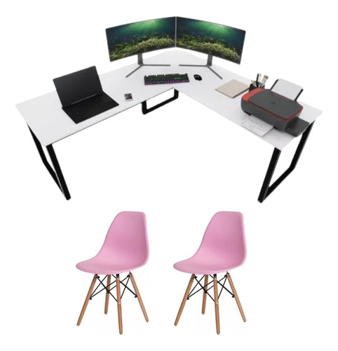 Mesa Em L P/ Escritório Diretor 150cm Computador + 2 Cadeira