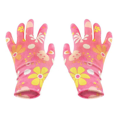Guantes De Jardineria Mujer Nitrilo Medianos Rosas Color Rosa Diseño De La Tela Floreado Talla M