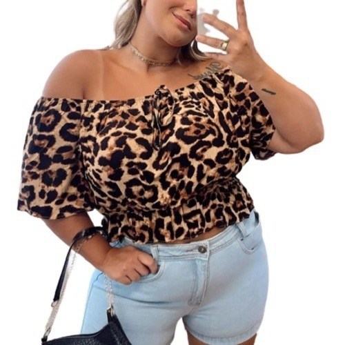 Cropped Blusa Elastex Plus Size Com Manga Feminina