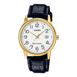 Reloj Pulsera Casio Enticer Mtp-v002 De Cuerpo Color Dorado, Analógico, Para Hombre, Fondo Blanco, Con Correa De Cuero Color Negro, Agujas Color Dorado, Dial Negro, Minutero/segundero Negro, Bisel Col